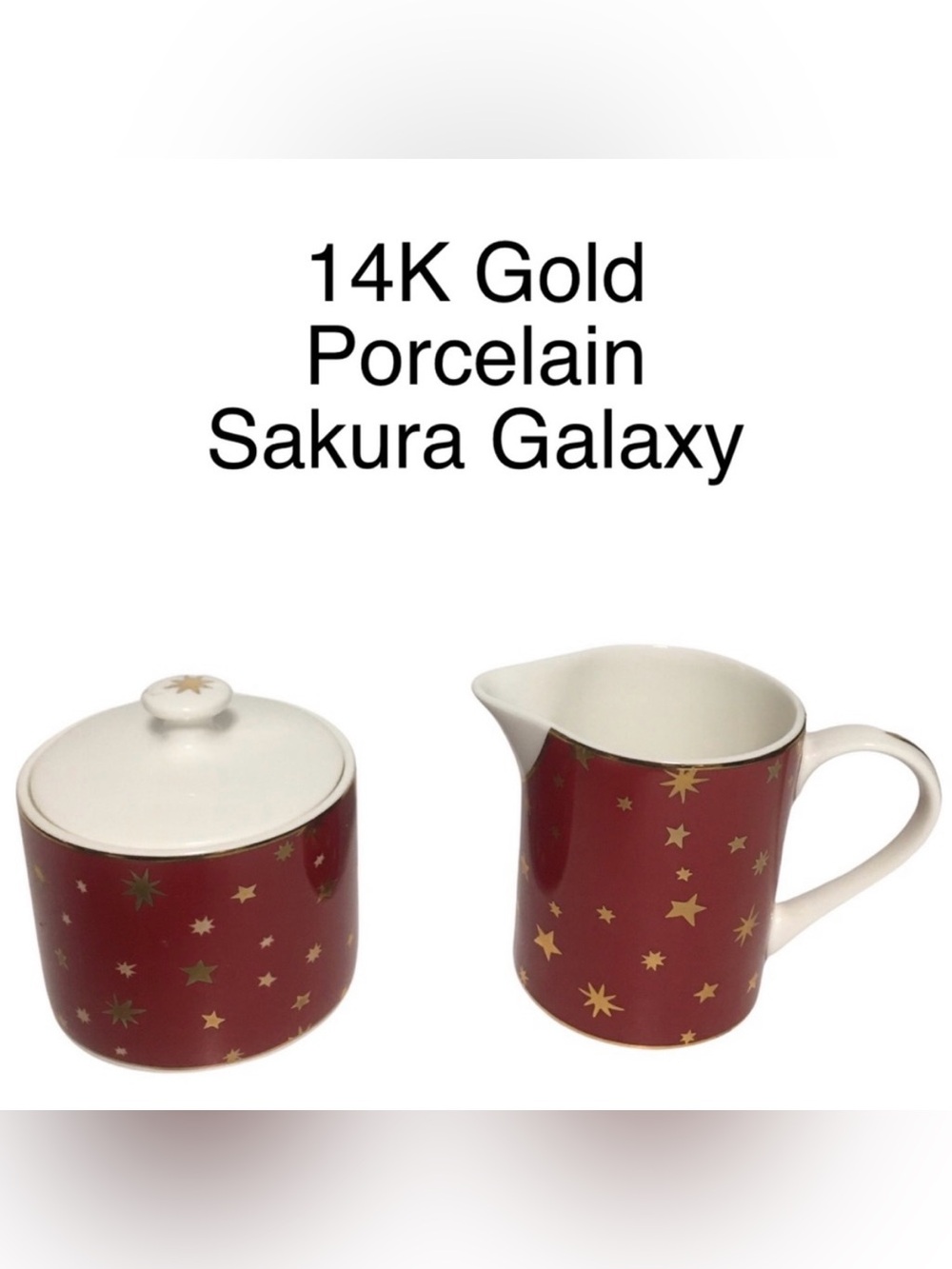 VTG Sakura Galaxy Porcelain 14K Gold Sugar Bowl & Creamer Set Red Celestial